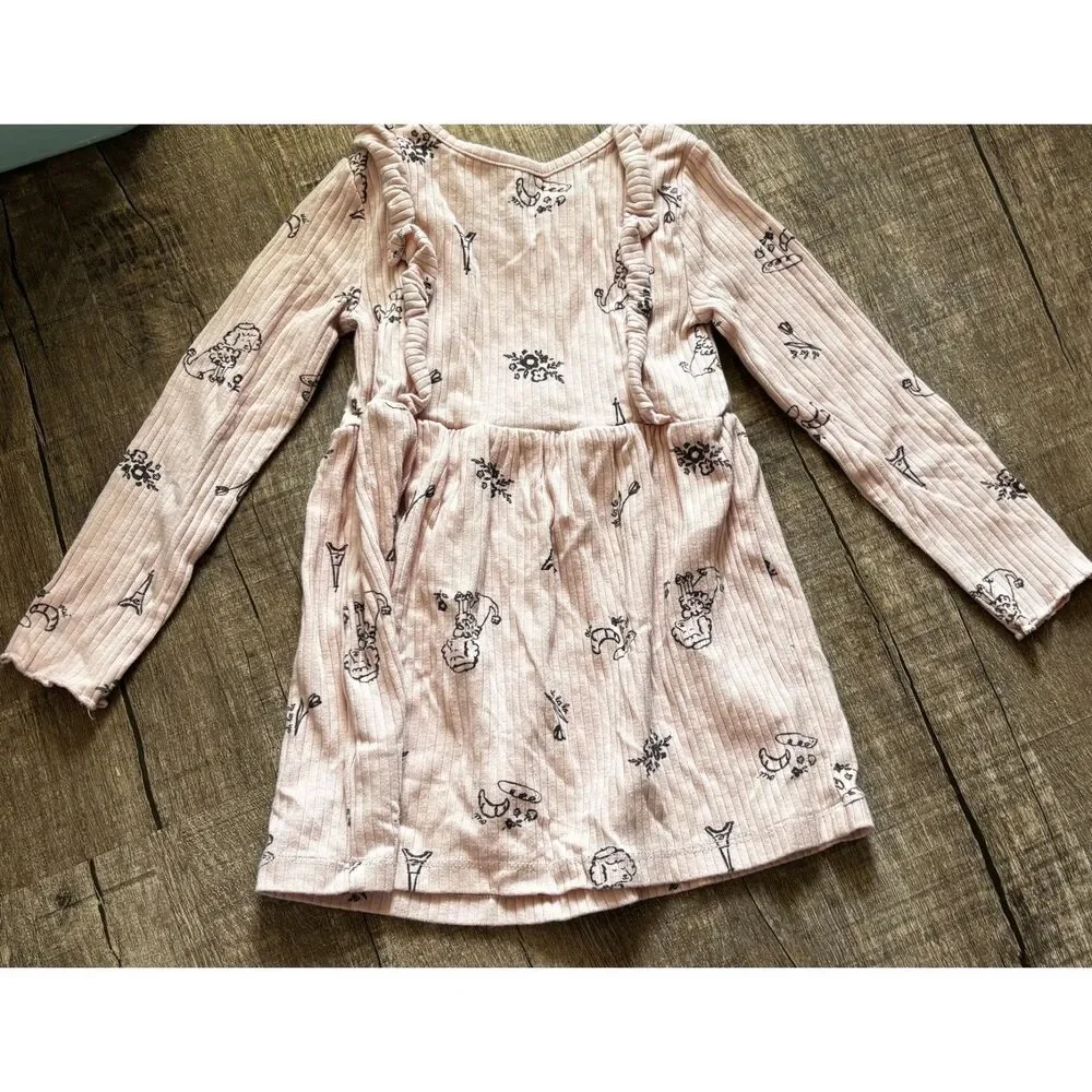 Carter’s Girls Dress 2T Long Sleeve Ribbed Cream Paris Print Ruffle‎ Casual